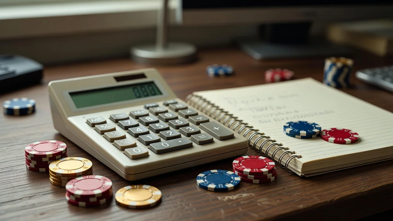 Casino bonus şartlarını inceleyen not defteri ve hesap makinesi